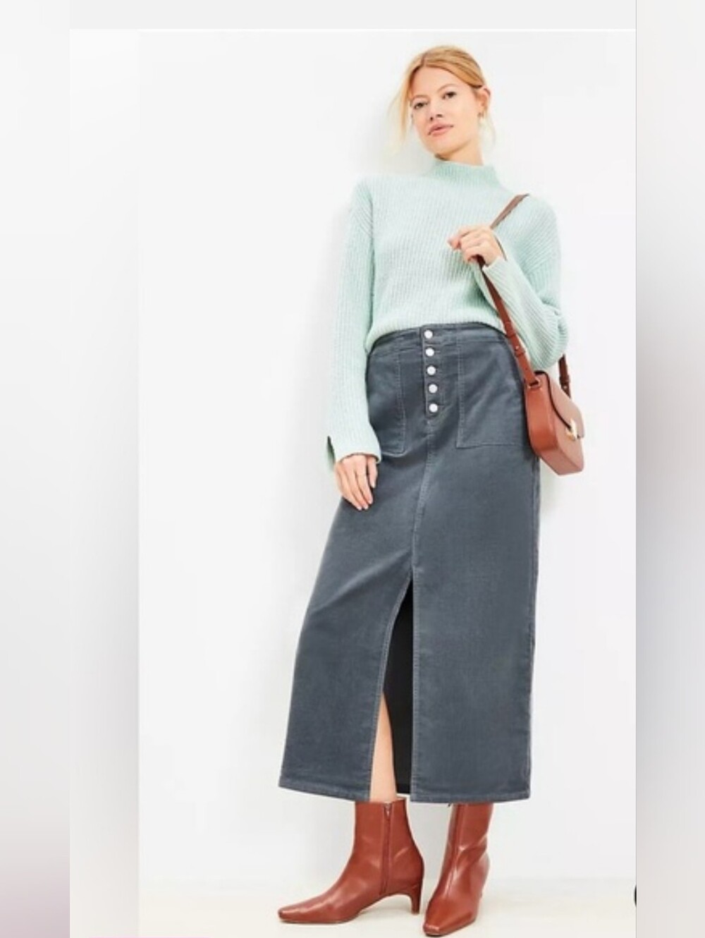LOFT Slate Gray Corduroy Maxi Skirt with Front Slit